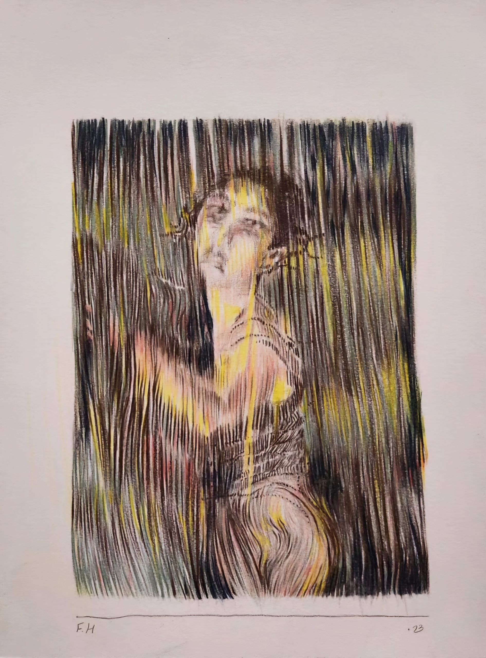 Self portrait — Colored pencil on cardboard, 21.5 × 16 cm, 2023
