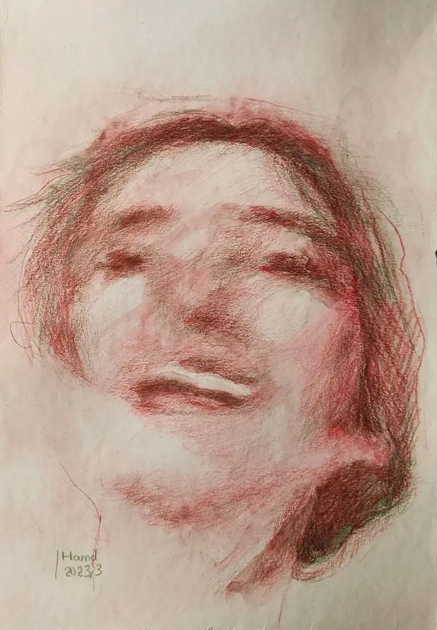 Self portrait — Watercolor pencil on cardboard, 24.5 × 17.5 cm, 2023