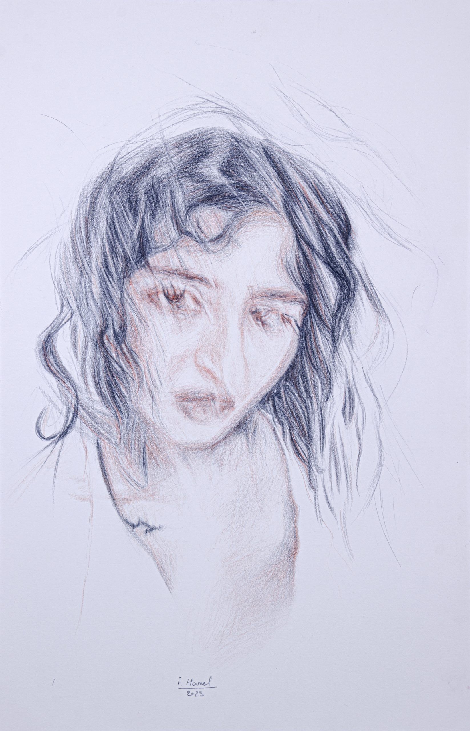 Self portrait — Colored pencil on cardboard, 50 × 32.5 cm, 2023
