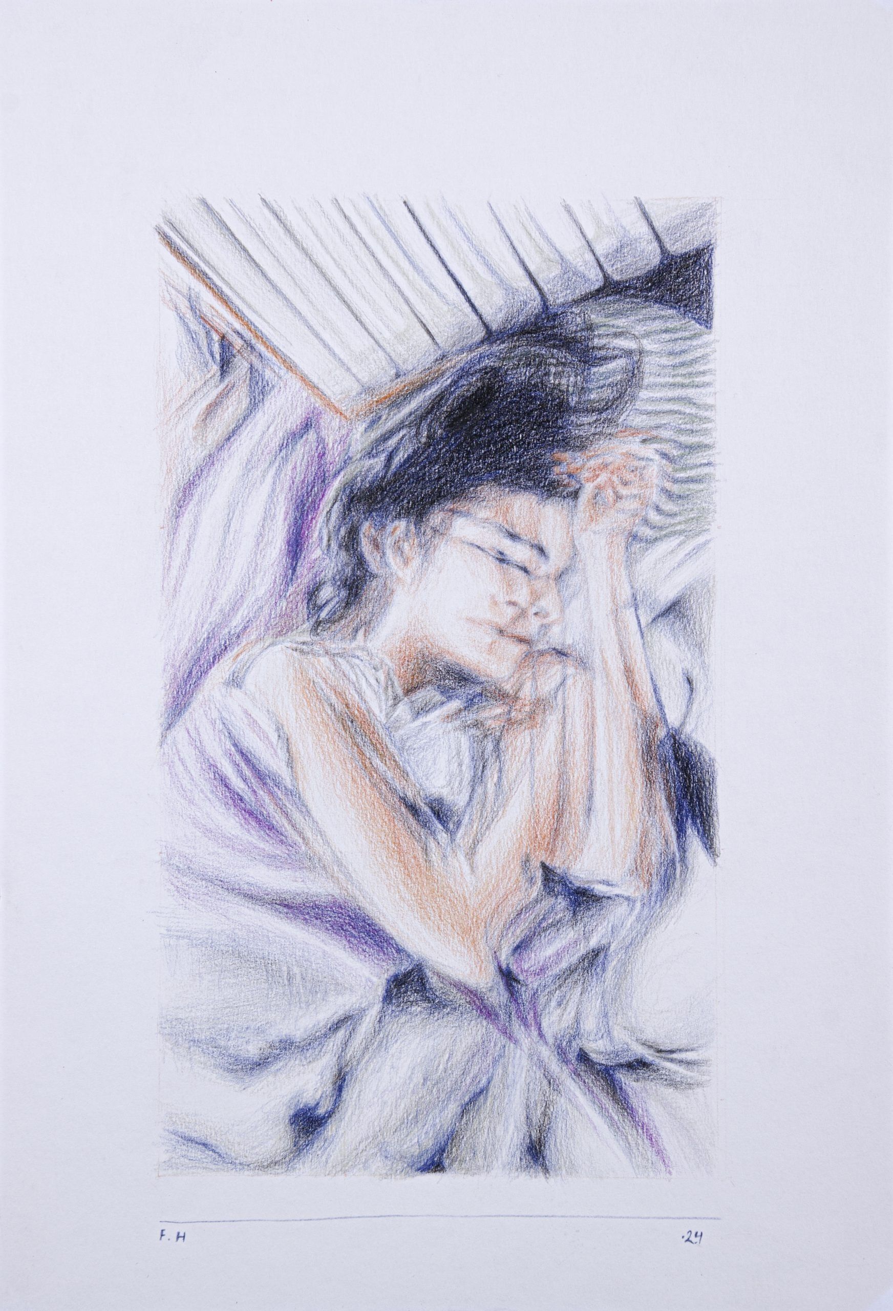 Sister, Sleeping — Colored pencil on cardboard, 34 × 23.5 cm, 2024